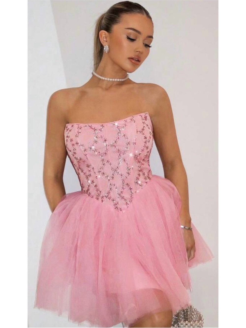 Pink Sequin Embroidered Balletcore Fairycore Strapless Tulle Dress Small
